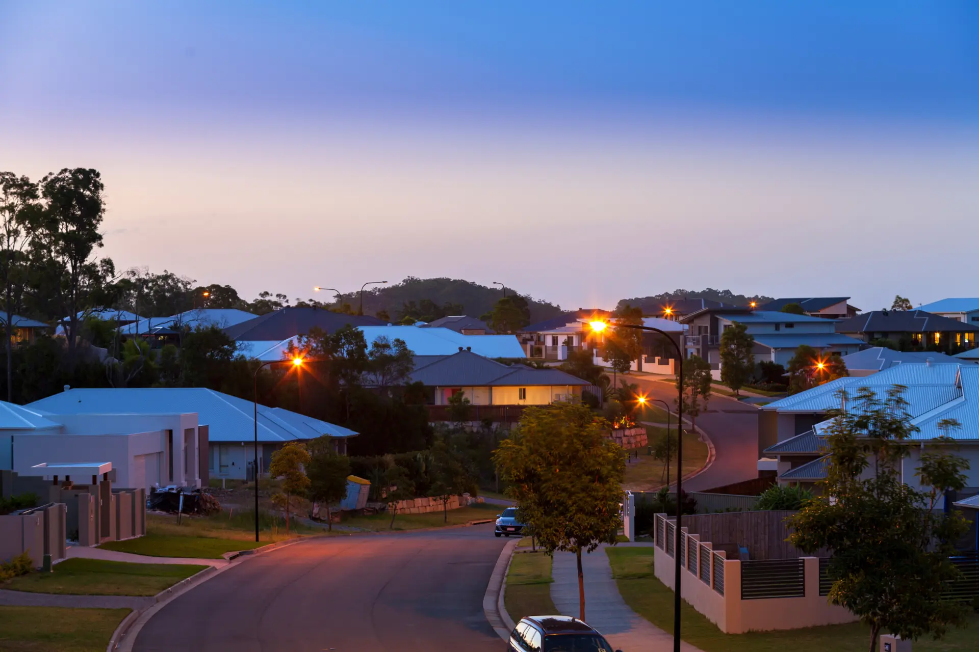 Aerial view of a sunny residential suburb